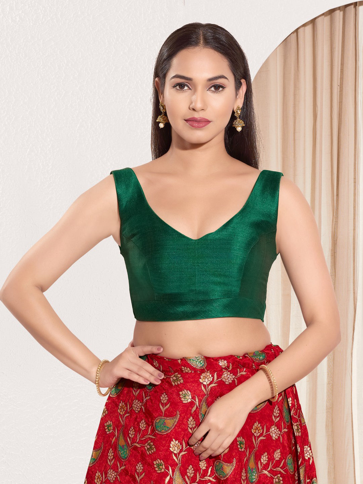 Bottle green silk u neck back open blouse