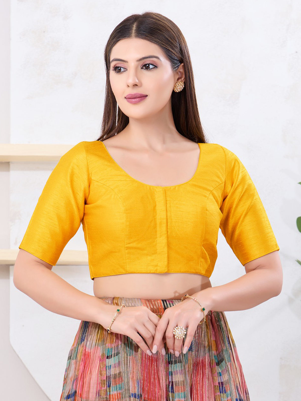 Bright yellow dupion silk festive open blouse