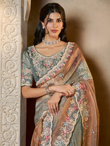 Brown and grey shaded organza satin saree of mystic grace