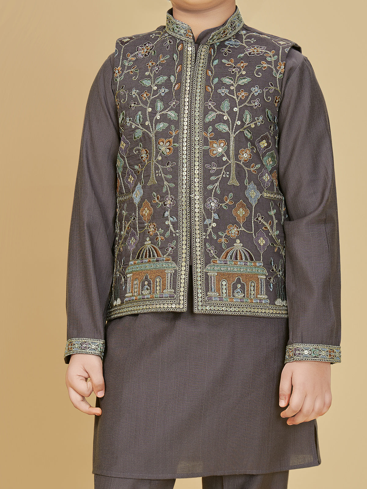 Brown embroidered cotton silk waistcoat set