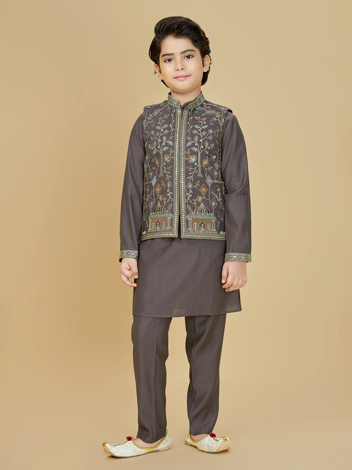 Brown embroidered cotton silk waistcoat set