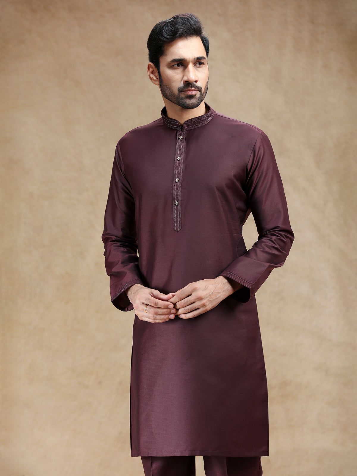 Brown plain cotton silk kurta suit for men