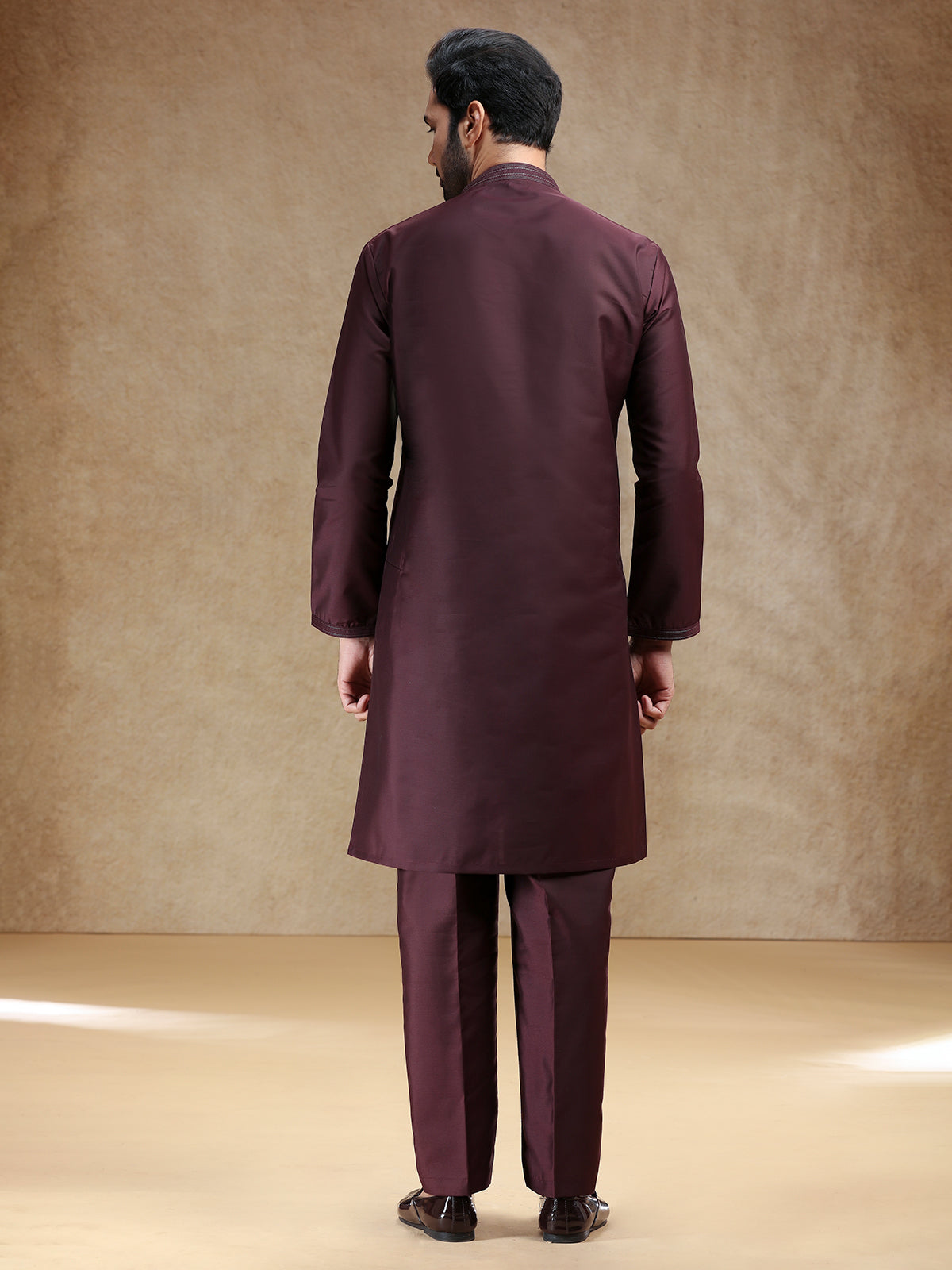 Brown plain cotton silk kurta suit for men