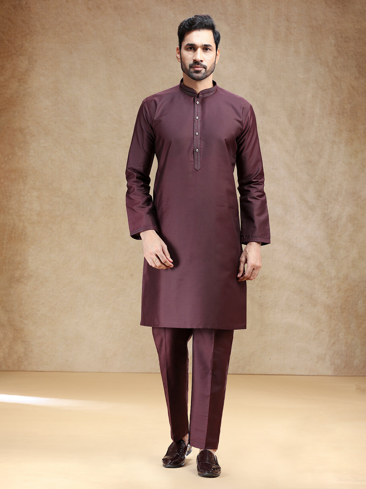 Brown plain cotton silk kurta suit for men