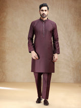 Brown plain cotton silk kurta suit for men