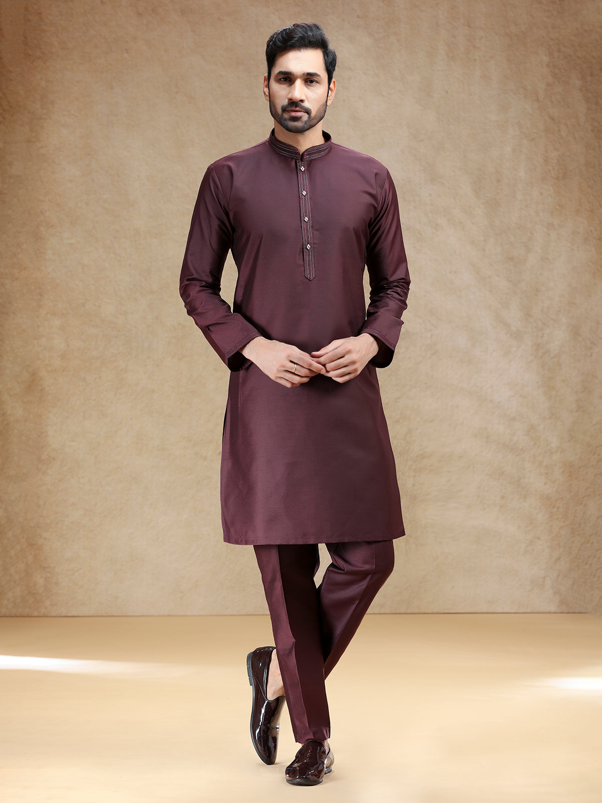 Brown plain cotton silk kurta suit for men
