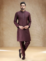 Brown plain cotton silk kurta suit for men