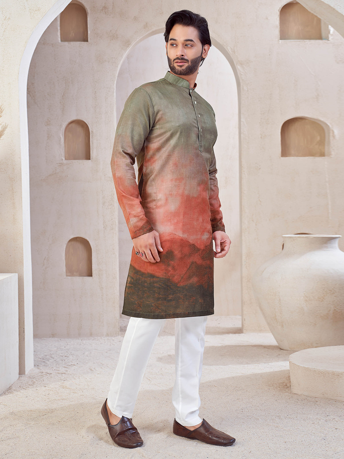 Brown printed cotton kurta suit for festive wear