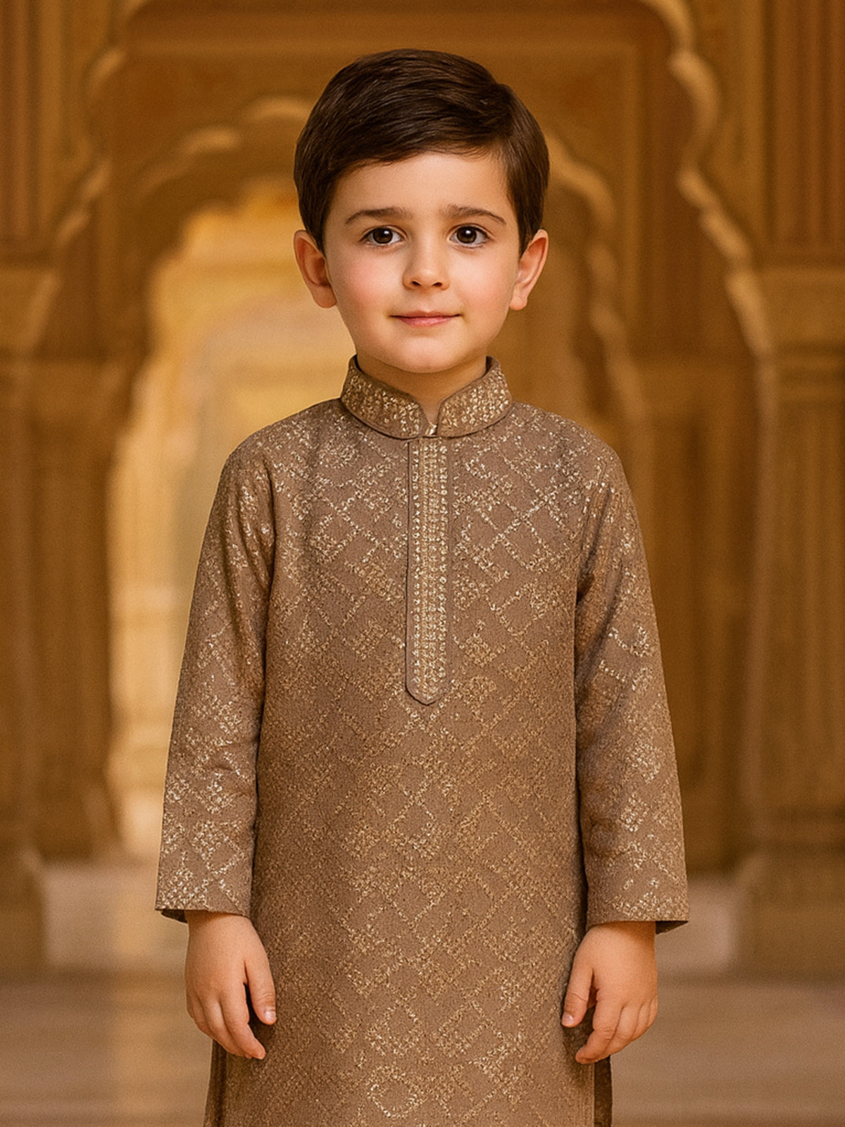 Brown printed cotton silk kurta suit for boys