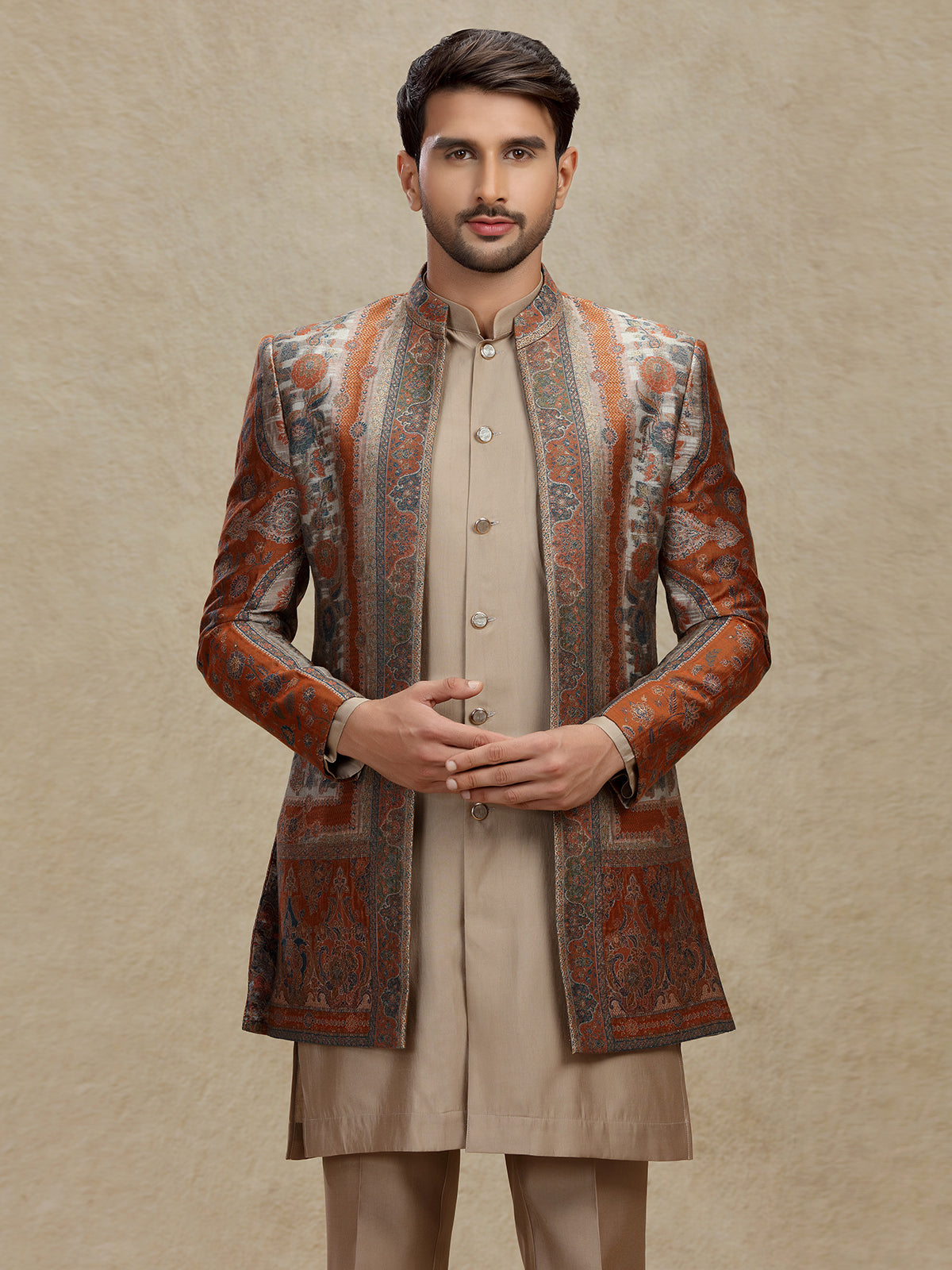 Brown silk indo western outfit for men