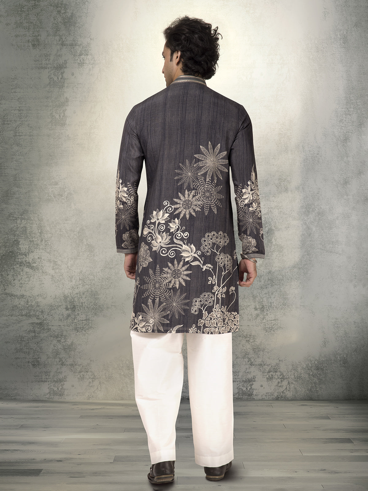 Charcoal black linen cotton printed kurta suit for weddings