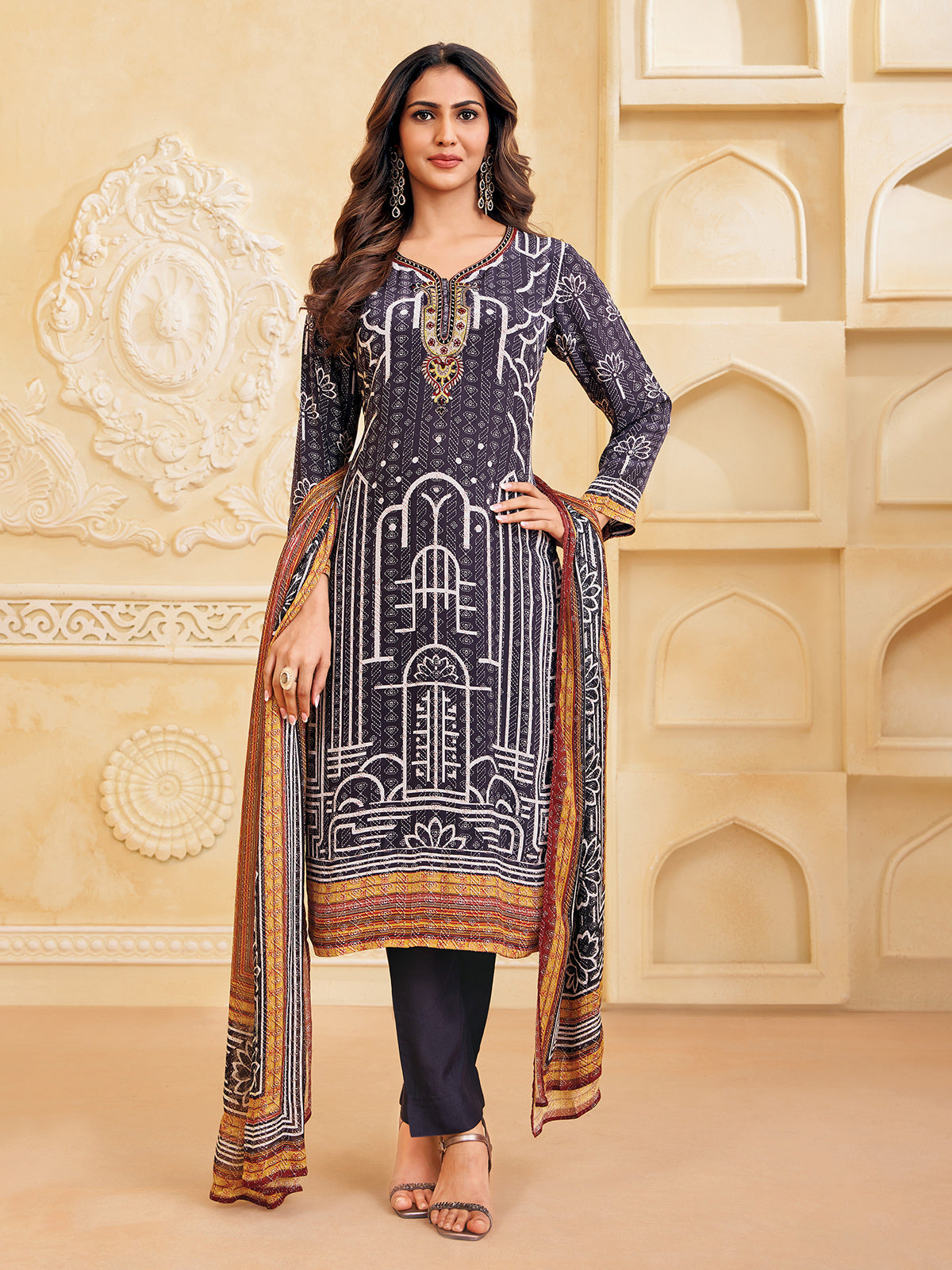 Charcoal black silk straight cut salwar suit