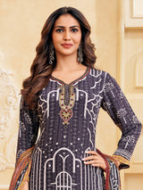 Charcoal black silk straight cut salwar suit