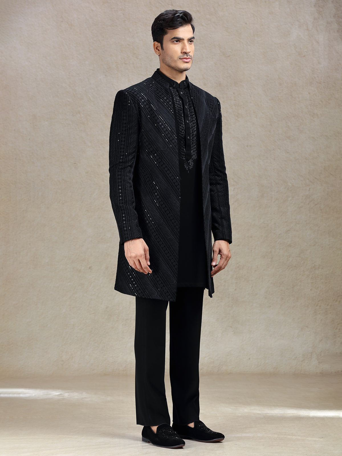 Charming classy black long jacket style indo-western set