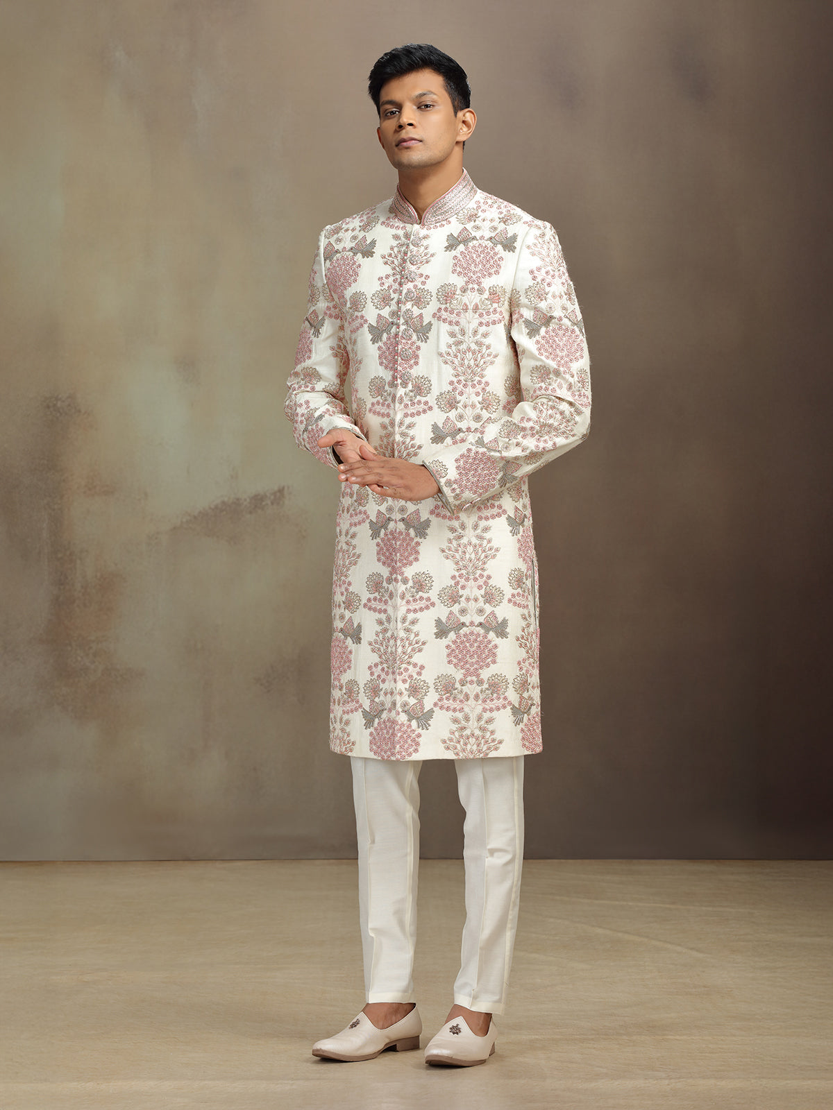 Classic cream silk zardosi sherwani