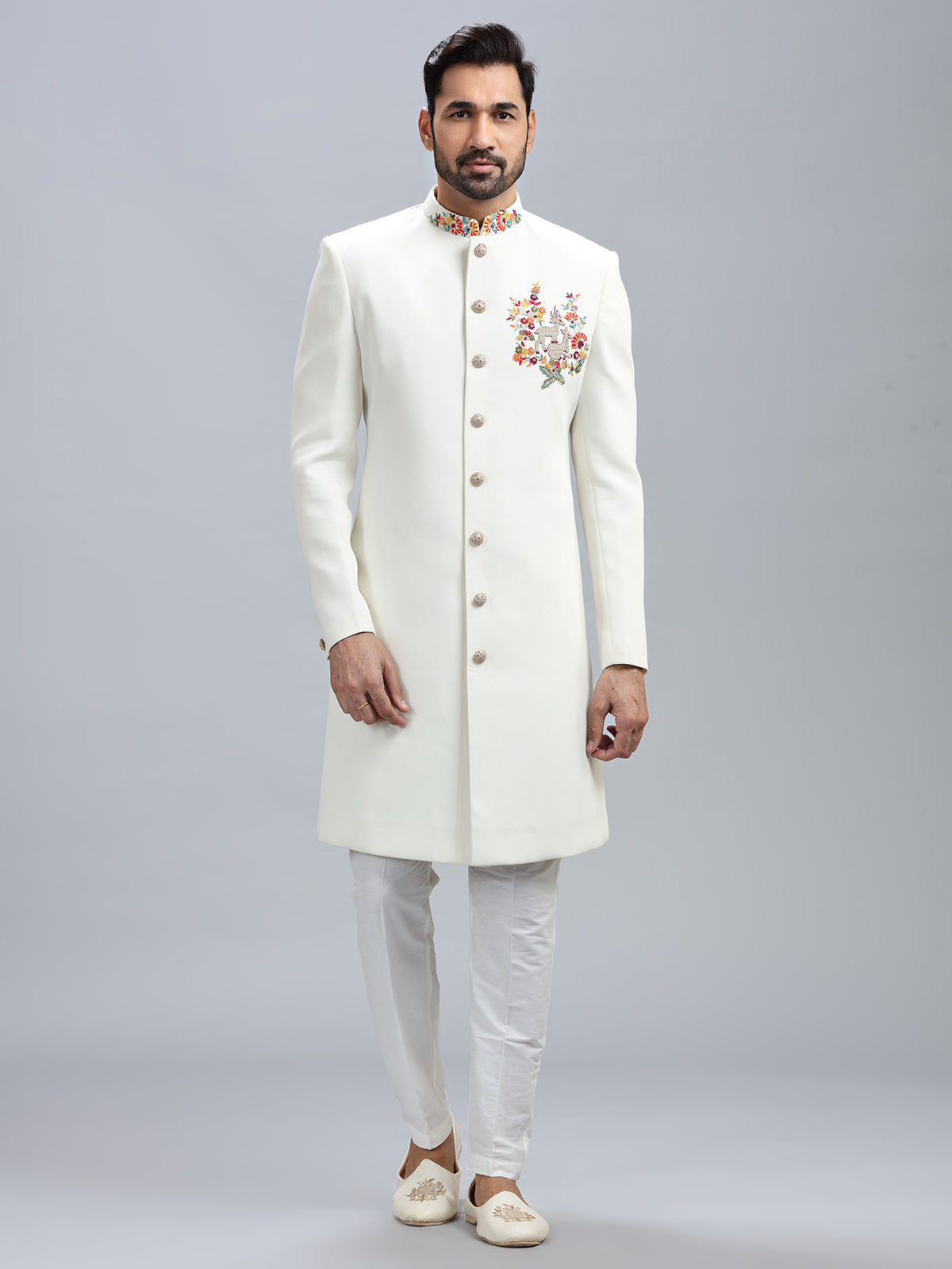 Classic off white silk indowestern for men