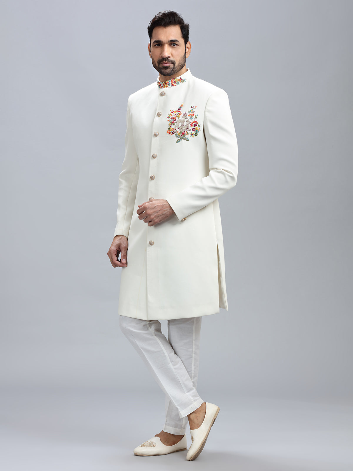 Classic off white silk indowestern for men