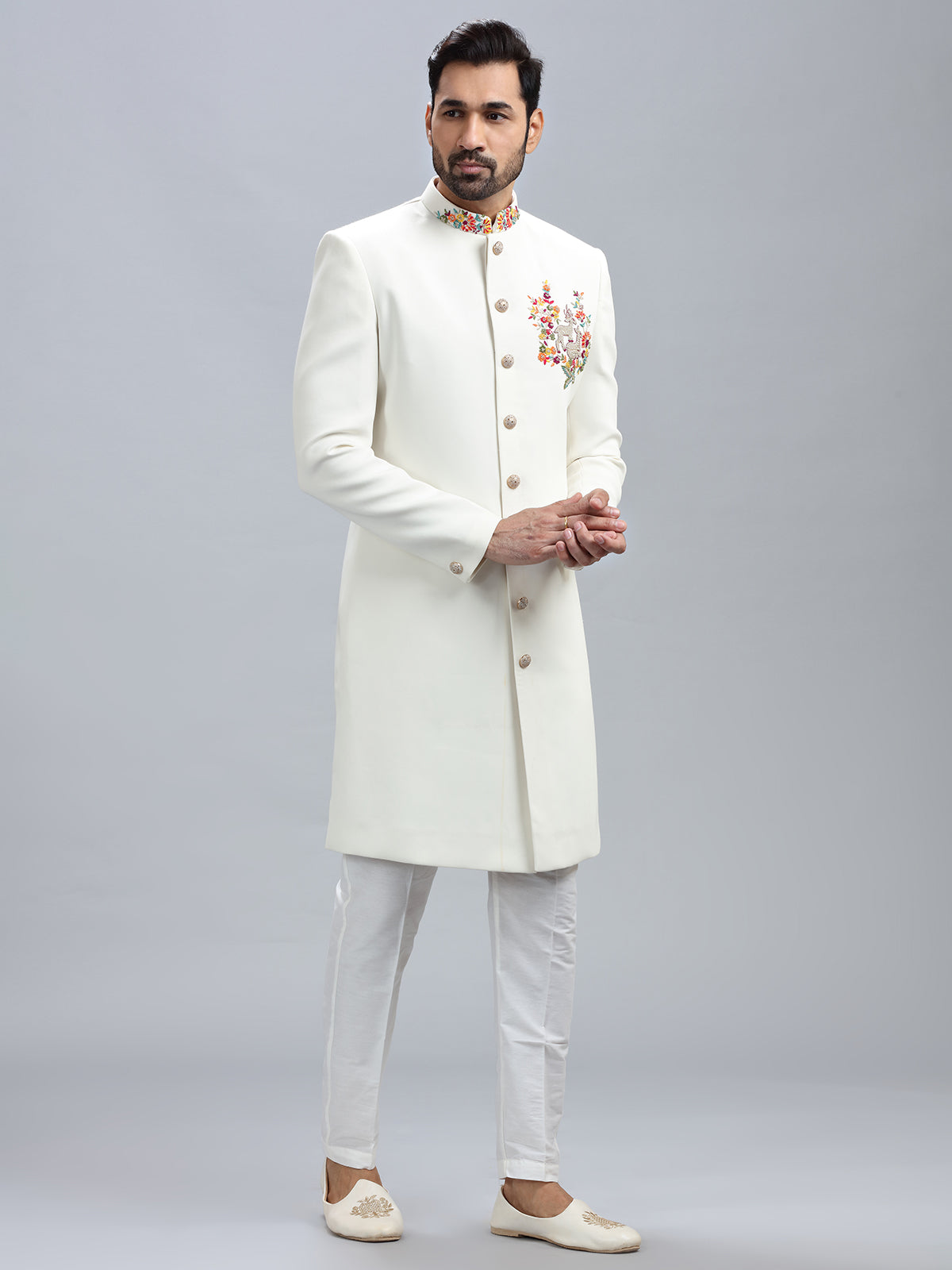Classic off white silk indowestern for men