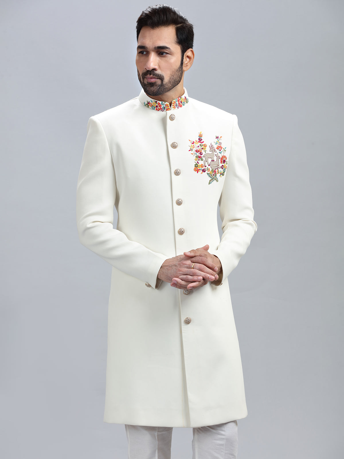 Classic off white silk indowestern for men
