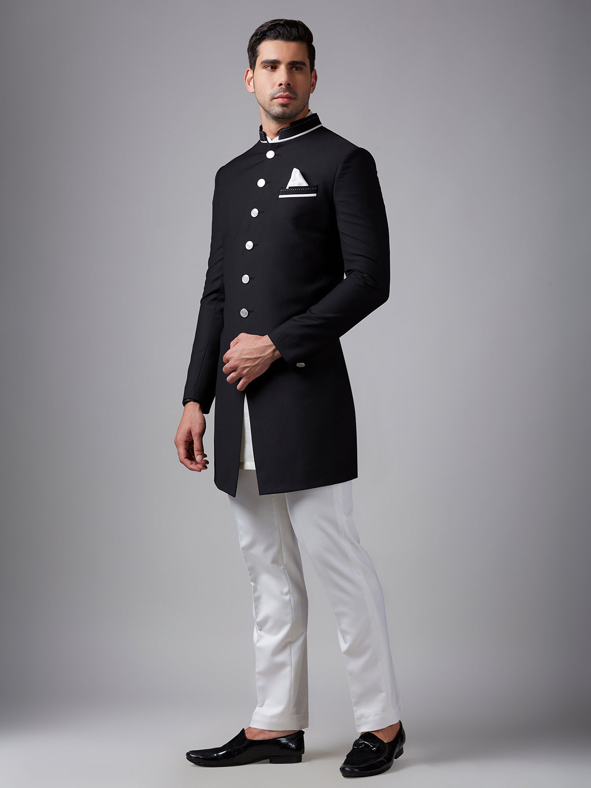 Classic plain black terry rayon indowestern