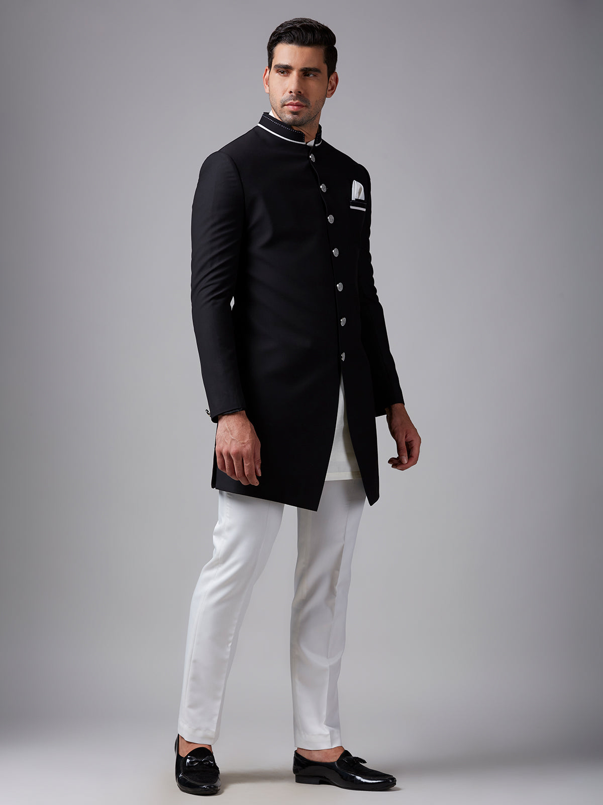 Classic plain black terry rayon indowestern