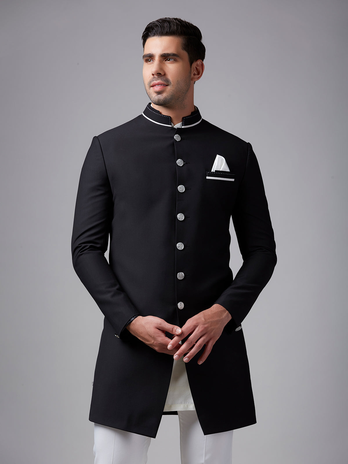 Classic plain black terry rayon indowestern