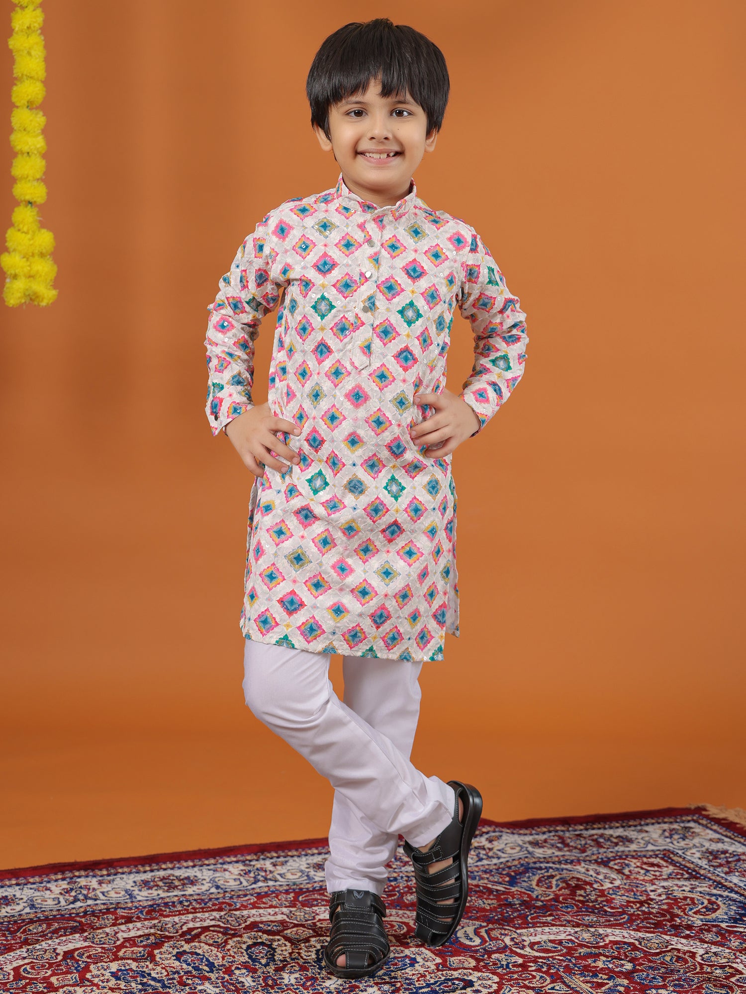 Classy printed white cotton kurta suit
