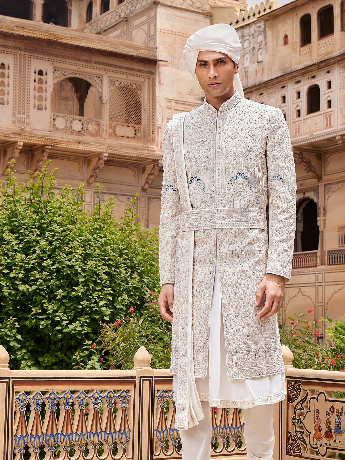 Classy white silk sherwani