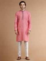 Coral pink linen plain kurta suit