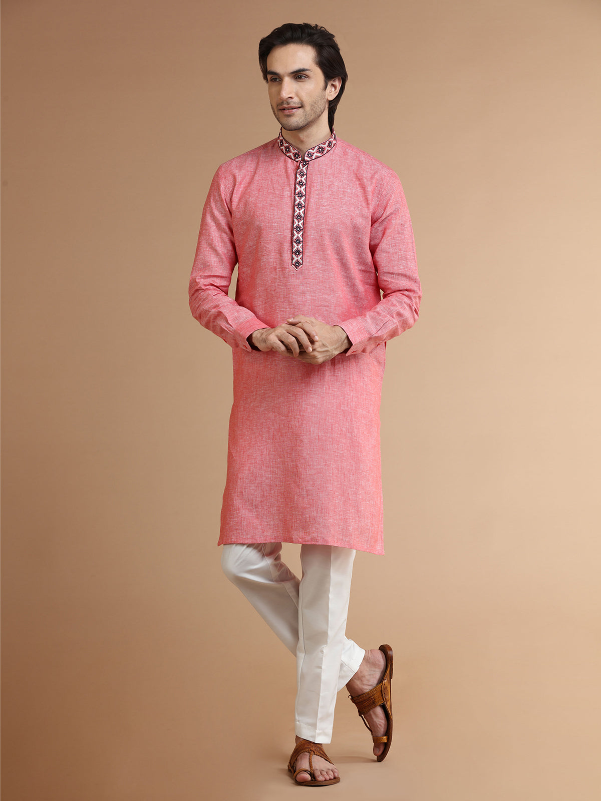 Coral pink linen plain kurta suit