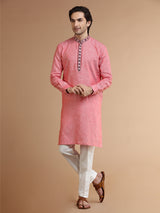 Coral pink linen plain kurta suit