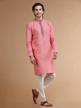 Coral pink linen plain kurta suit