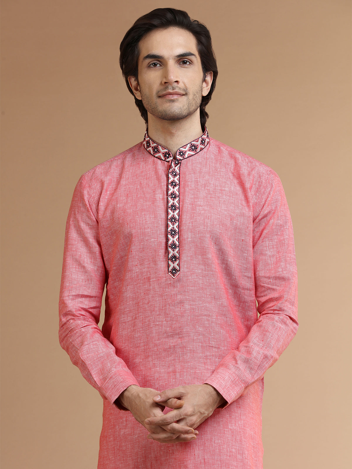 Coral pink linen plain kurta suit