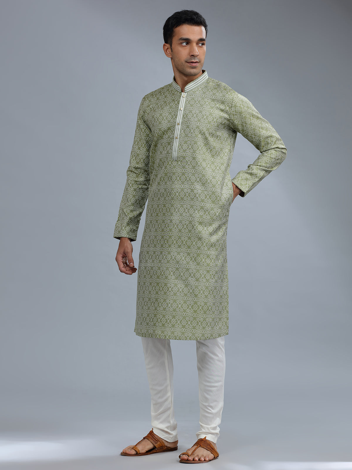 Cotton silk green kurta pajama
