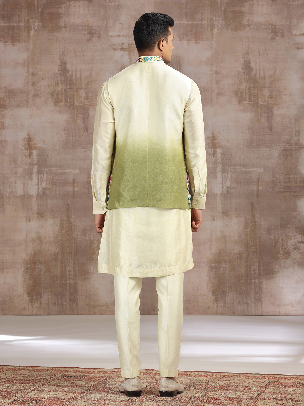 Cream and green ombre silk waistcoat set