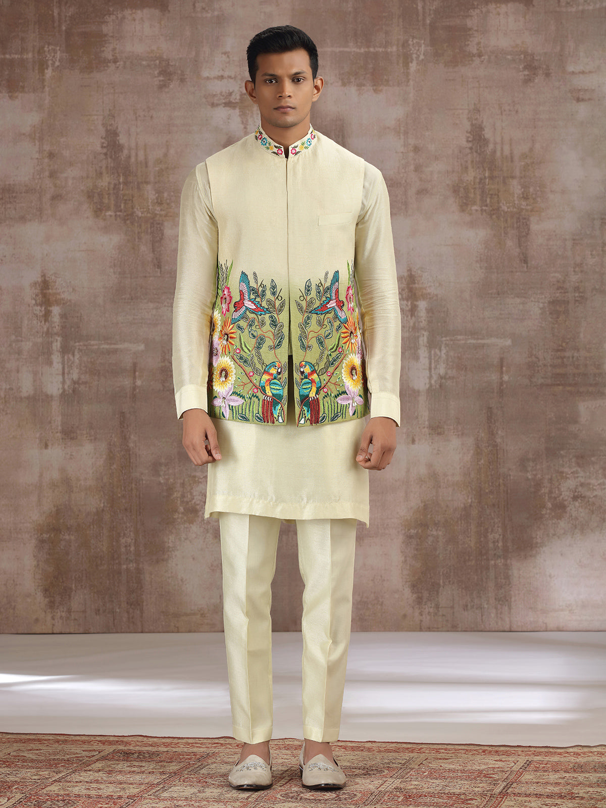 Cream and green ombre silk waistcoat set