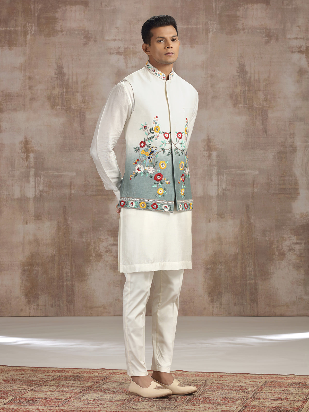Cream and grey ombre silk waistcoat set