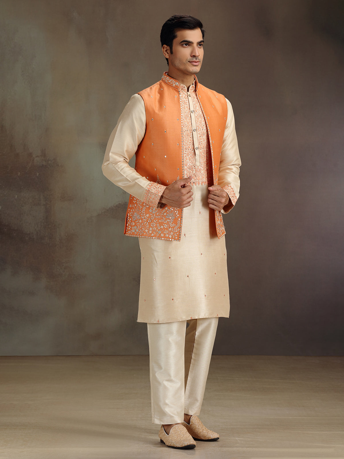 Cream and orange waistcoat set with embrodery