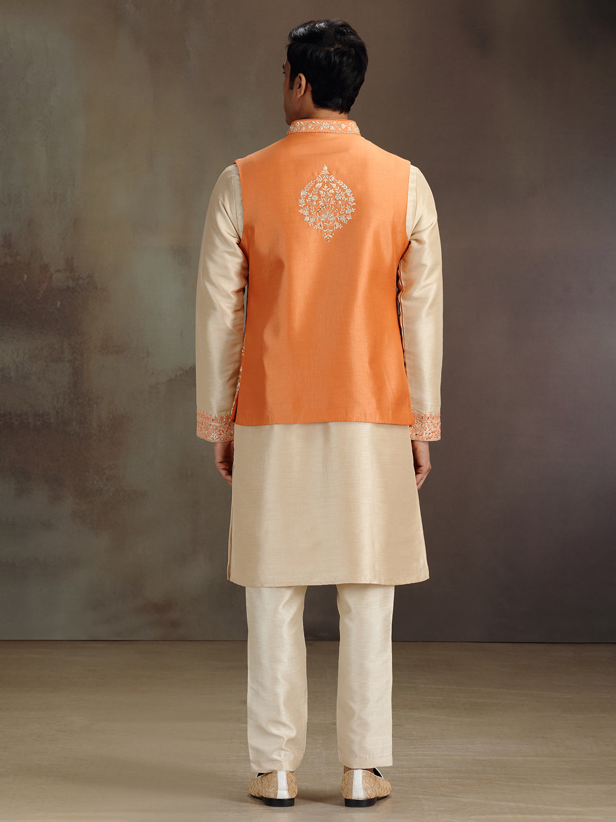 Cream and orange waistcoat set with embrodery