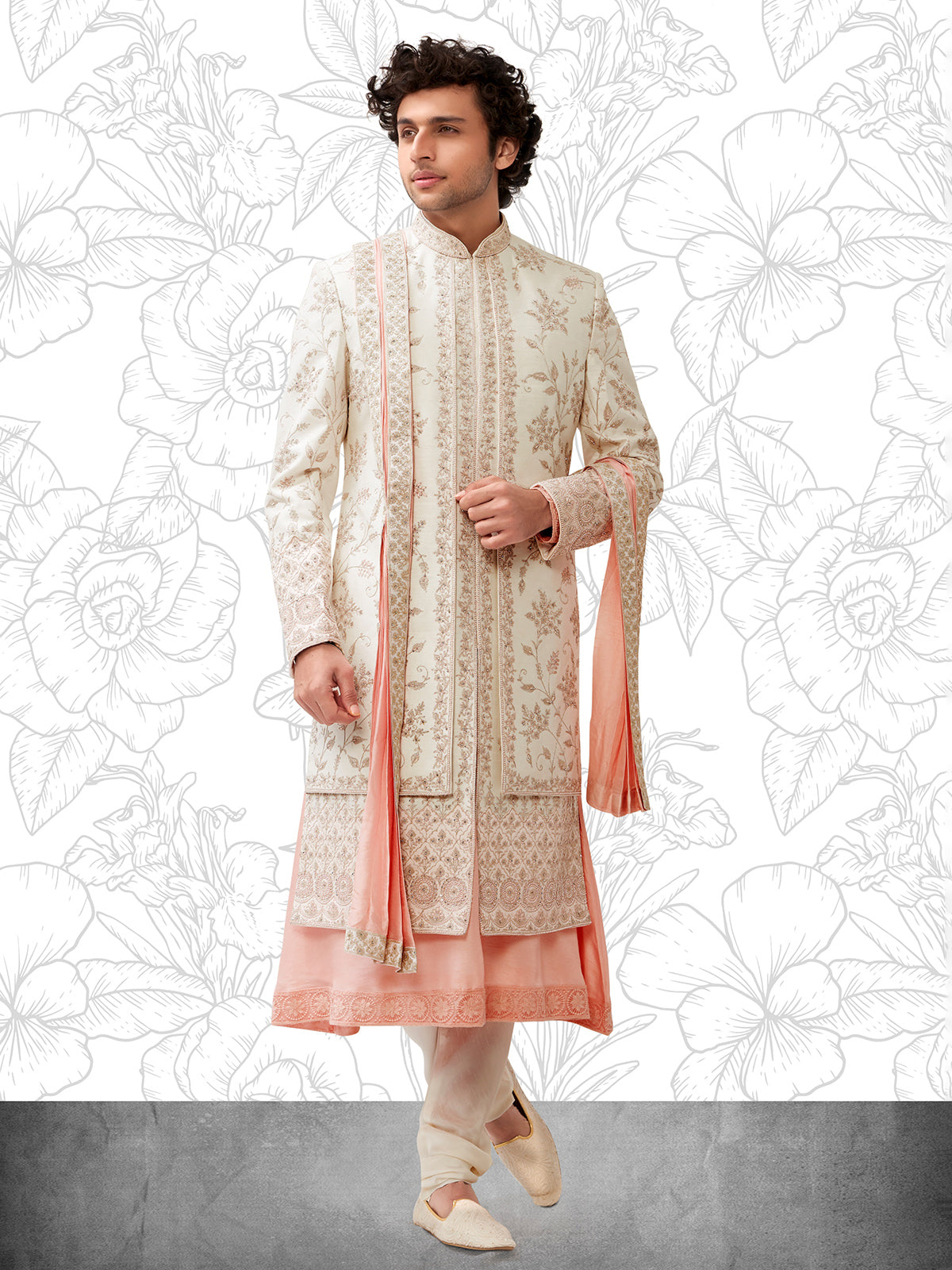 Cream and peach terry rayon peshwai style sherwani
