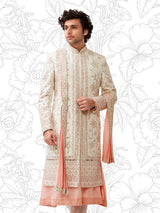 Cream and peach terry rayon peshwai style sherwani