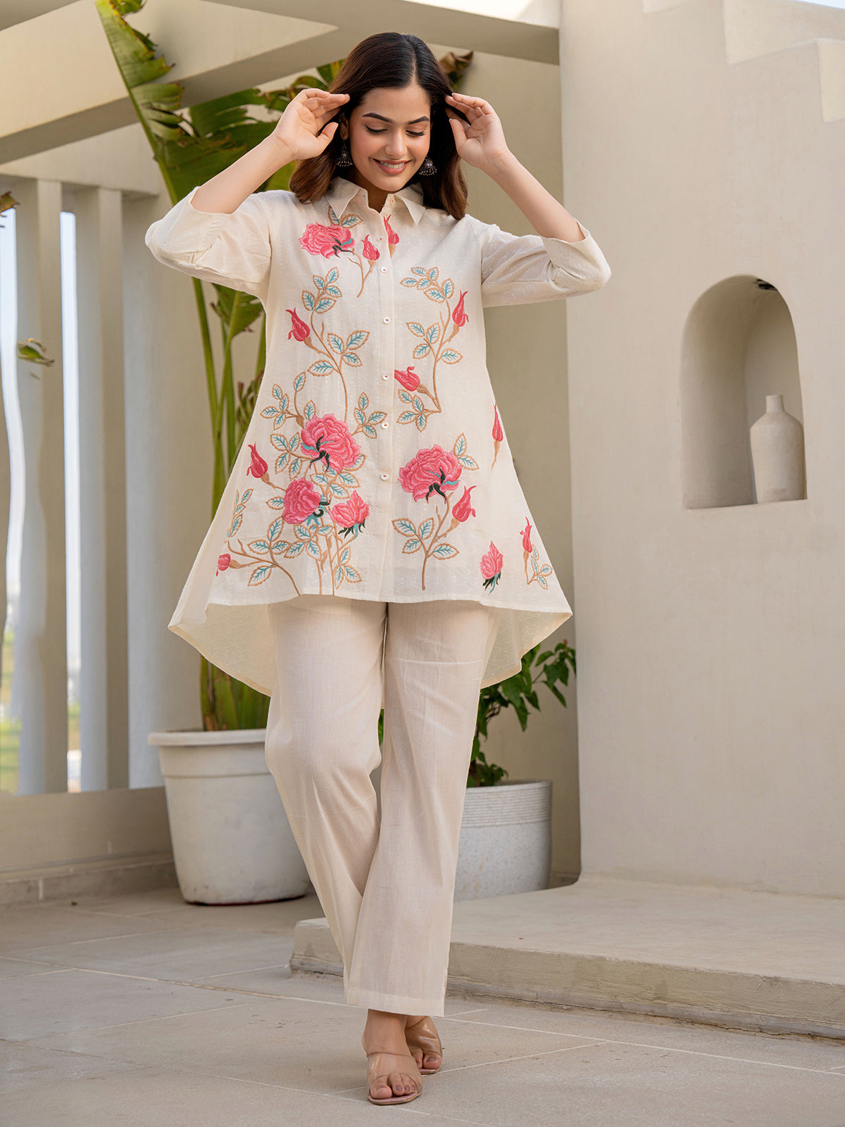 Cream and pink cotton embroidered co ord set