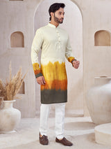 Cream and yellow cotton printed kurta suit for men