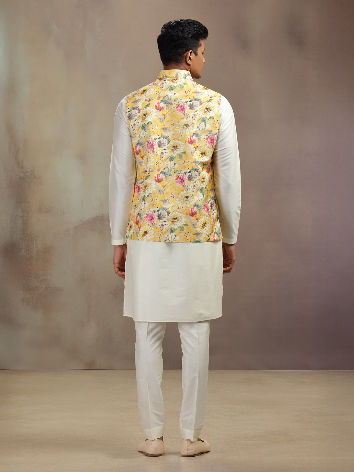 Cream and yellow cotton silk waistcoat set with print