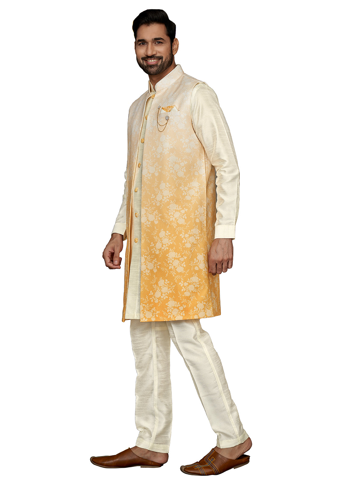 Cream and yellow wedding silk indowestern