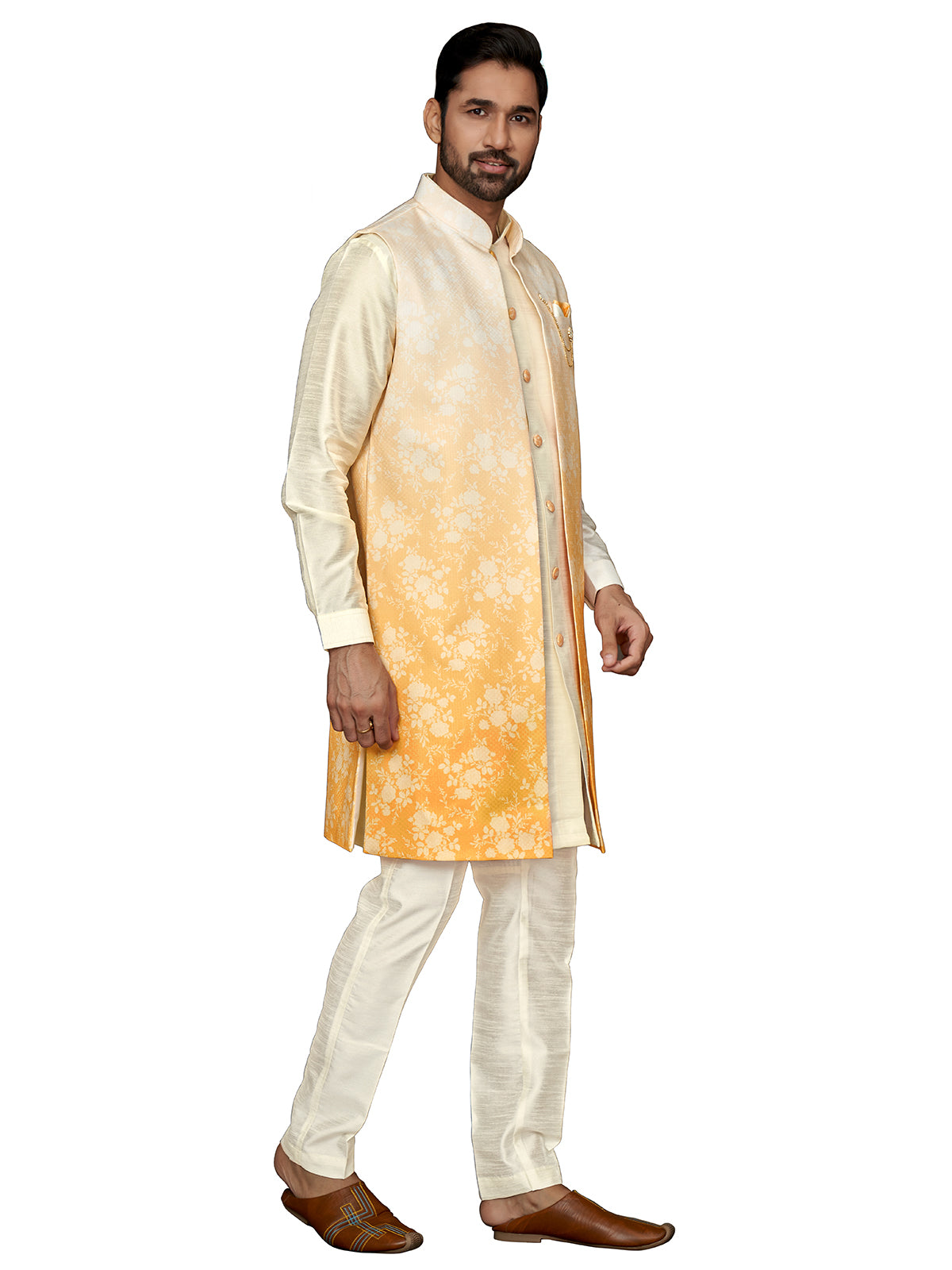 Cream and yellow wedding silk indowestern