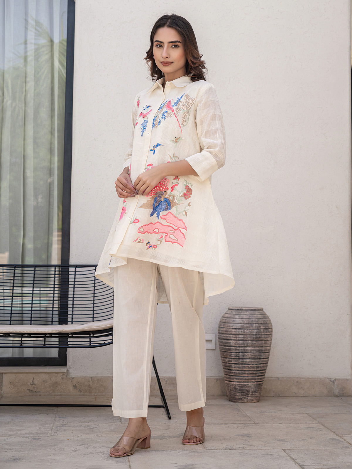 Cream cotton embroidered co ord set for women