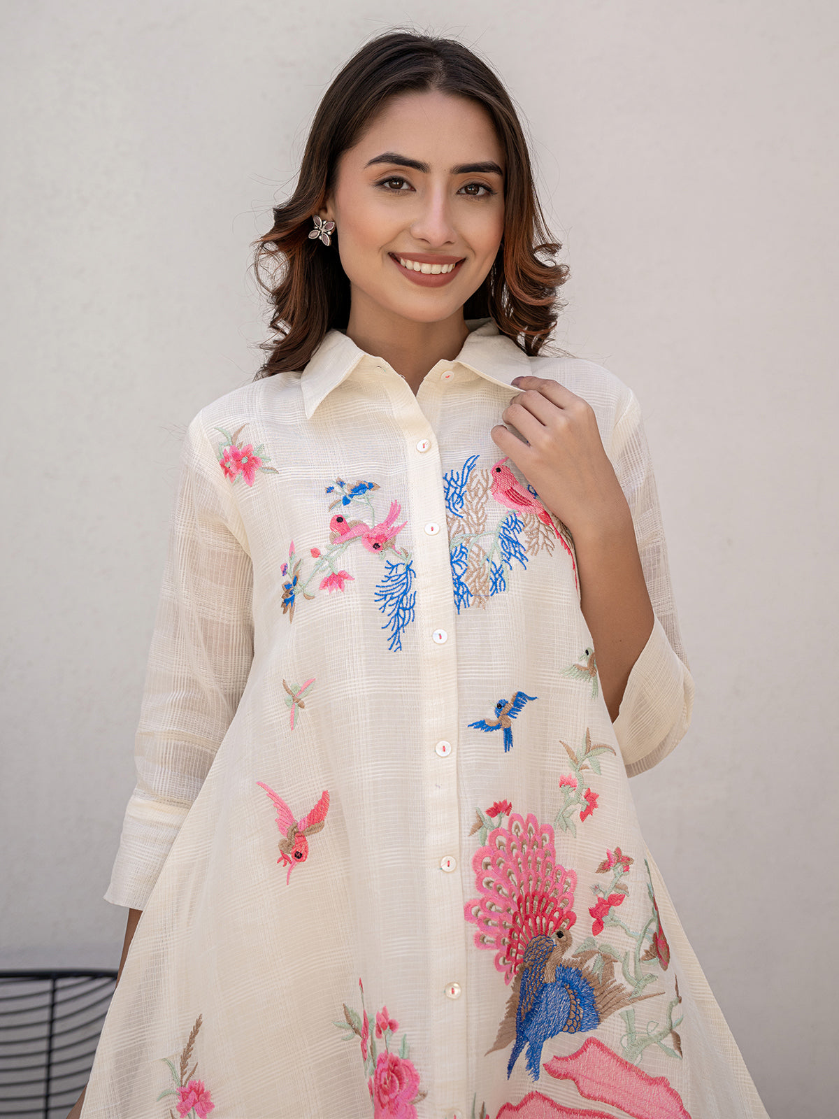 Cream cotton embroidered co ord set for women