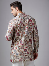 Cream cotton floral printed short kurta suit