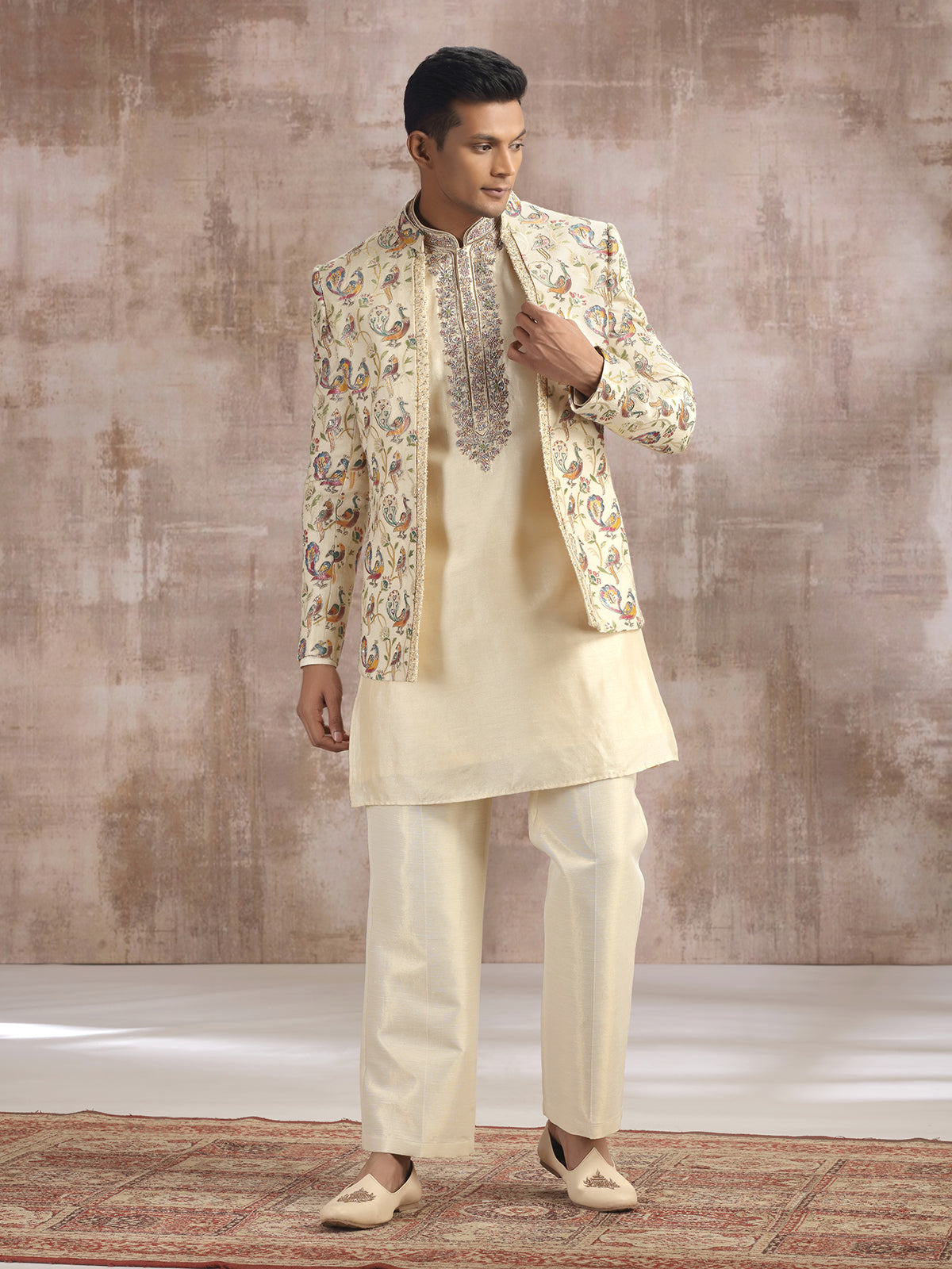 Cream cotton silk indo western with diamond work